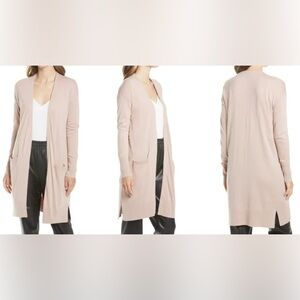 Halogen Open Front Pocket Cardigan Large Pink Smoke Linen Blend Long Sleeve